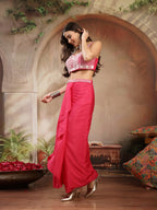 Women's Pink Solid & Embroidered Silk Draped Lehenga Choli With Shrug