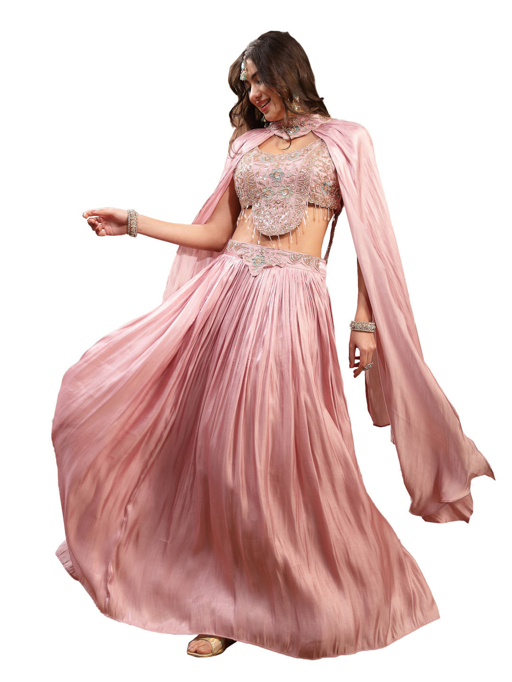 Women's Pink Solid & Embroidered Silk Lehenga Choli With Cape Dupatta