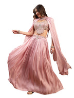 Women's Pink Solid & Embroidered Silk Lehenga Choli With Cape Dupatta