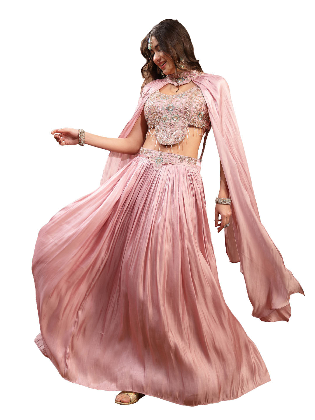 Women's Pink Solid & Embroidered Silk Lehenga Choli With Cape Dupatta