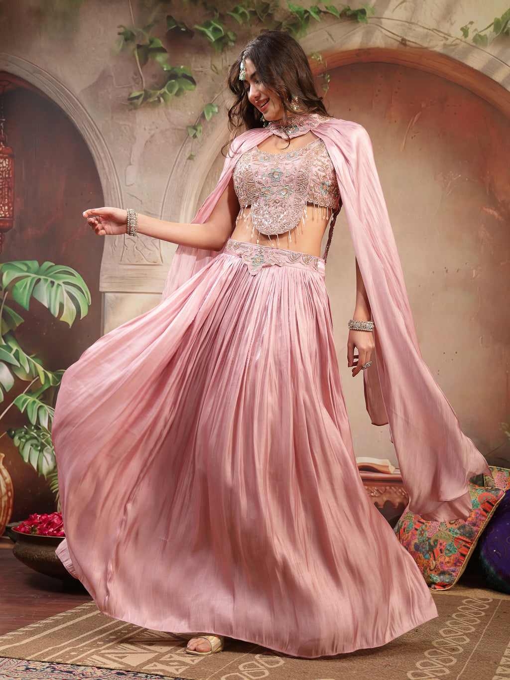Women's Pink Solid & Embroidered Silk Lehenga Choli With Cape Dupatta