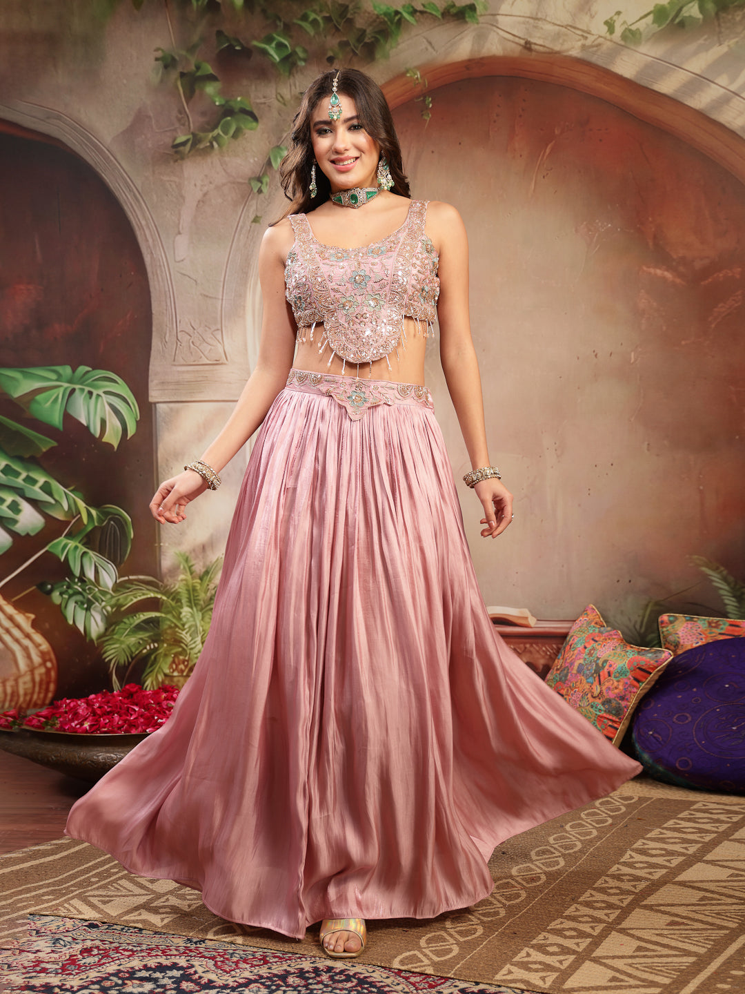 Women's Pink Solid & Embroidered Silk Lehenga Choli With Cape Dupatta