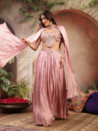 Women's Pink Solid & Embroidered Silk Lehenga Choli With Cape Dupatta
