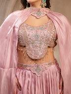 Women's Pink Solid & Embroidered Silk Lehenga Choli With Cape Dupatta