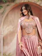 Women's Pink Solid & Embroidered Silk Lehenga Choli With Cape Dupatta