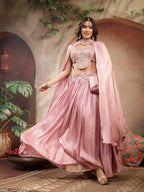 Women's Pink Solid & Embroidered Silk Lehenga Choli With Cape Dupatta
