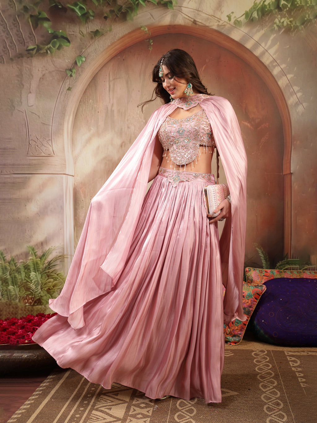 Women's Pink Solid & Embroidered Silk Lehenga Choli With Cape Dupatta