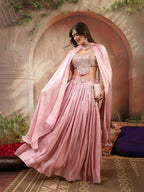 Women's Pink Solid & Embroidered Silk Lehenga Choli With Cape Dupatta