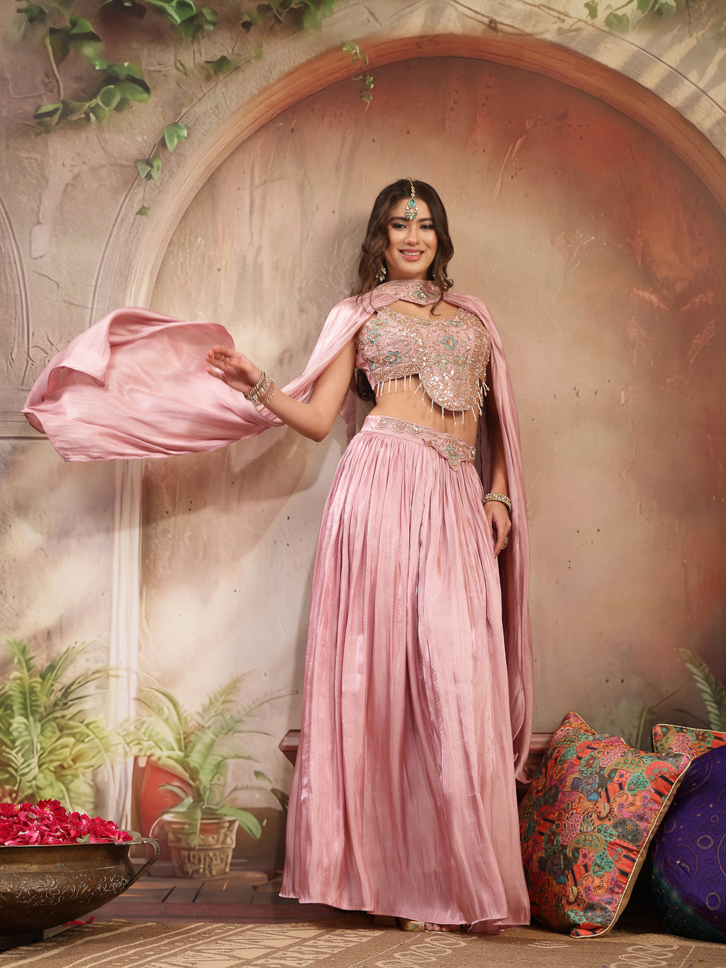 Women's Pink Solid & Embroidered Silk Lehenga Choli With Cape Dupatta