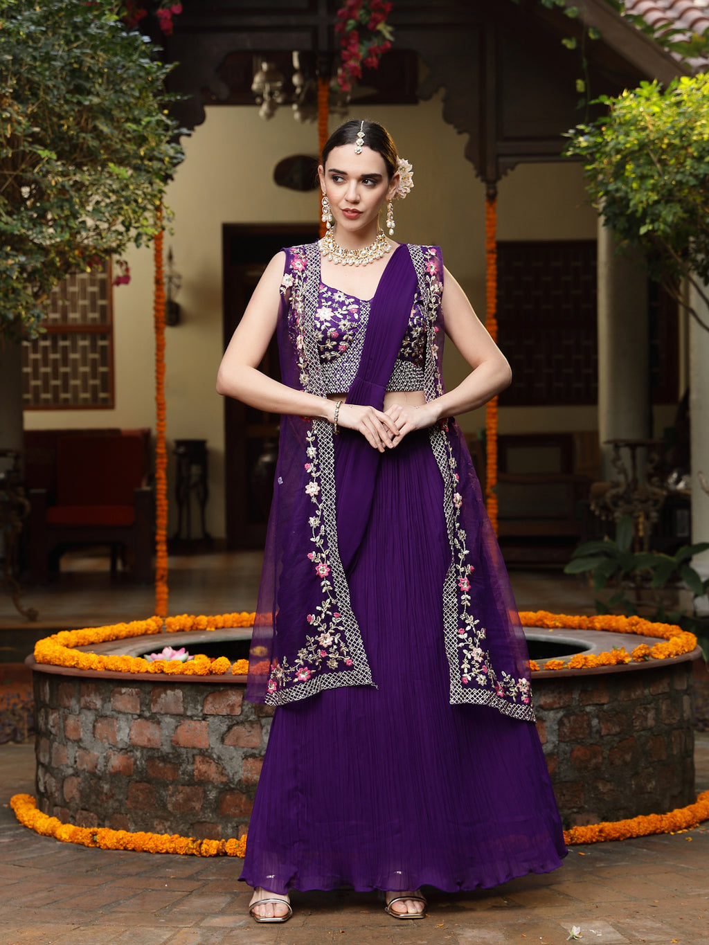 Women's Purple Printed & Embroidered Georgette Draped Lehenga Saree & Blouse with Shrug