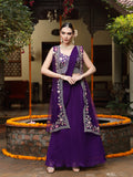 Women's Purple Printed & Embroidered Georgette Draped Lehenga Saree & Blouse with Shrug