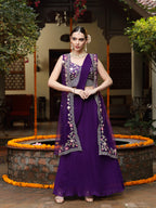 Women's Purple Printed & Embroidered Georgette Draped Lehenga Saree & Blouse with Shrug