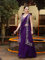 Women's Purple Printed & Embroidered Georgette Draped Lehenga Saree & Blouse with Shrug
