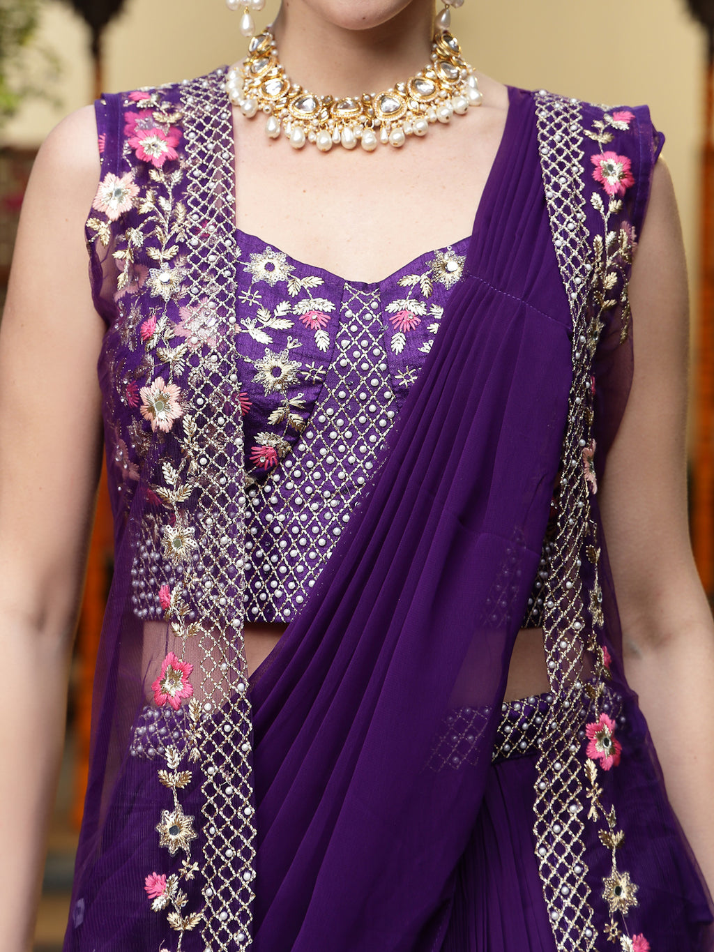 Women's Purple Printed & Embroidered Georgette Draped Lehenga Saree & Blouse with Shrug