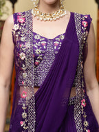 Women's Purple Printed & Embroidered Georgette Draped Lehenga Saree & Blouse with Shrug