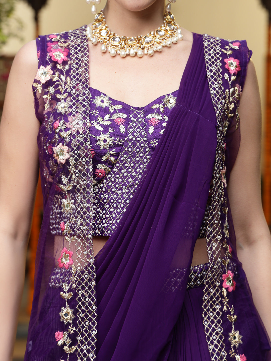 Women's Purple Printed & Embroidered Georgette Draped Lehenga Saree & Blouse with Shrug