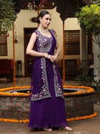 Women's Purple Printed & Embroidered Georgette Draped Lehenga Saree & Blouse with Shrug