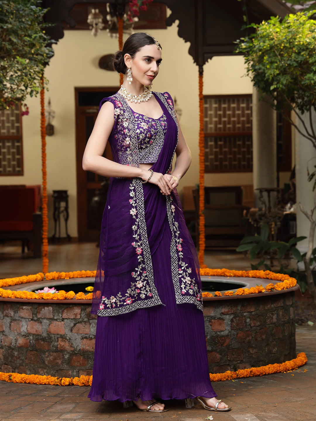 Women's Purple Printed & Embroidered Georgette Draped Lehenga Saree & Blouse with Shrug