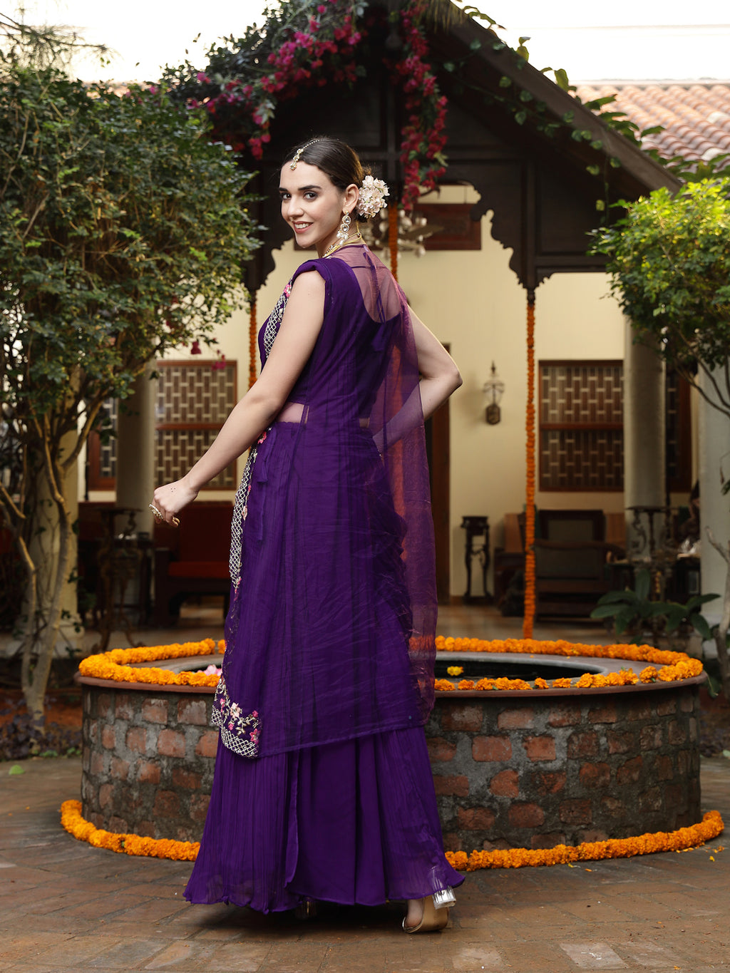 Women's Purple Printed & Embroidered Georgette Draped Lehenga Saree & Blouse with Shrug