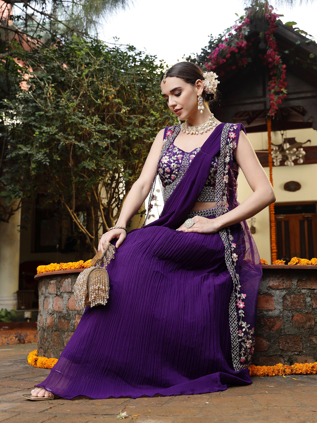 Women's Purple Printed & Embroidered Georgette Draped Lehenga Saree & Blouse with Shrug