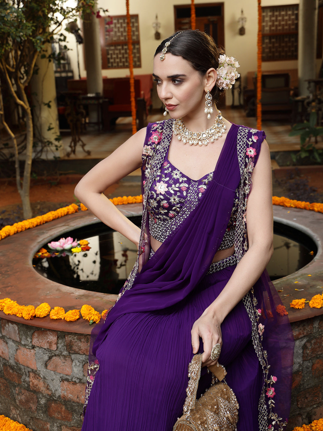 Women's Purple Printed & Embroidered Georgette Draped Lehenga Saree & Blouse with Shrug