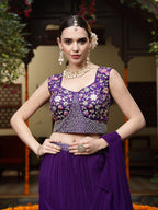 Women's Purple Printed & Embroidered Georgette Draped Lehenga Saree & Blouse with Shrug