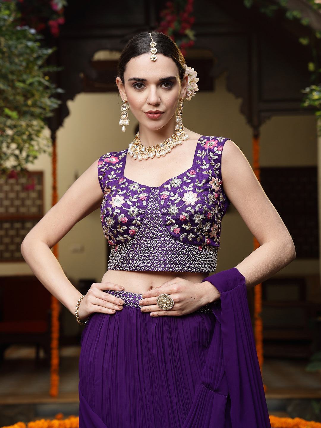 Women's Purple Printed & Embroidered Georgette Draped Lehenga Saree & Blouse with Shrug