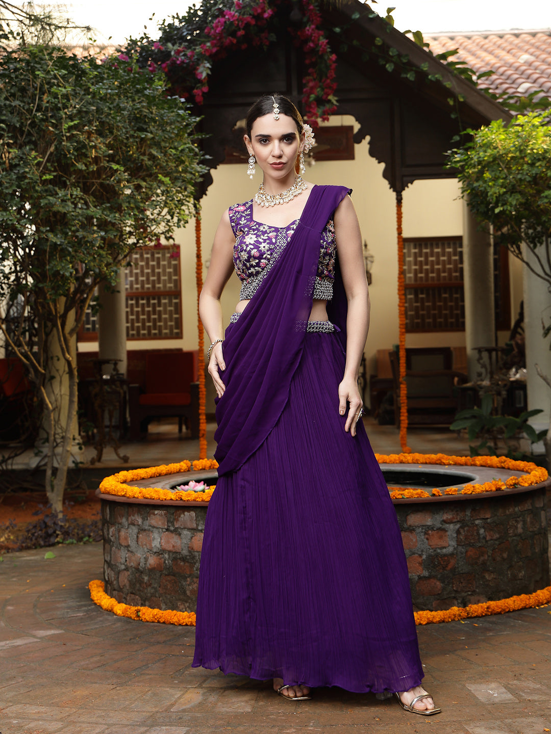 Women's Purple Printed & Embroidered Georgette Draped Lehenga Saree & Blouse with Shrug