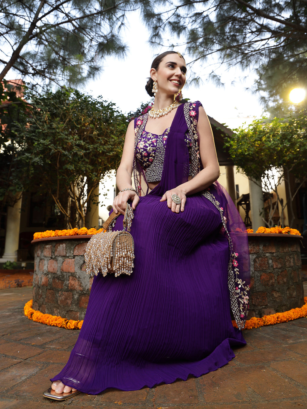 Women's Purple Printed & Embroidered Georgette Draped Lehenga Saree & Blouse with Shrug