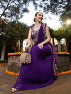 Women's Purple Printed & Embroidered Georgette Draped Lehenga Saree & Blouse with Shrug