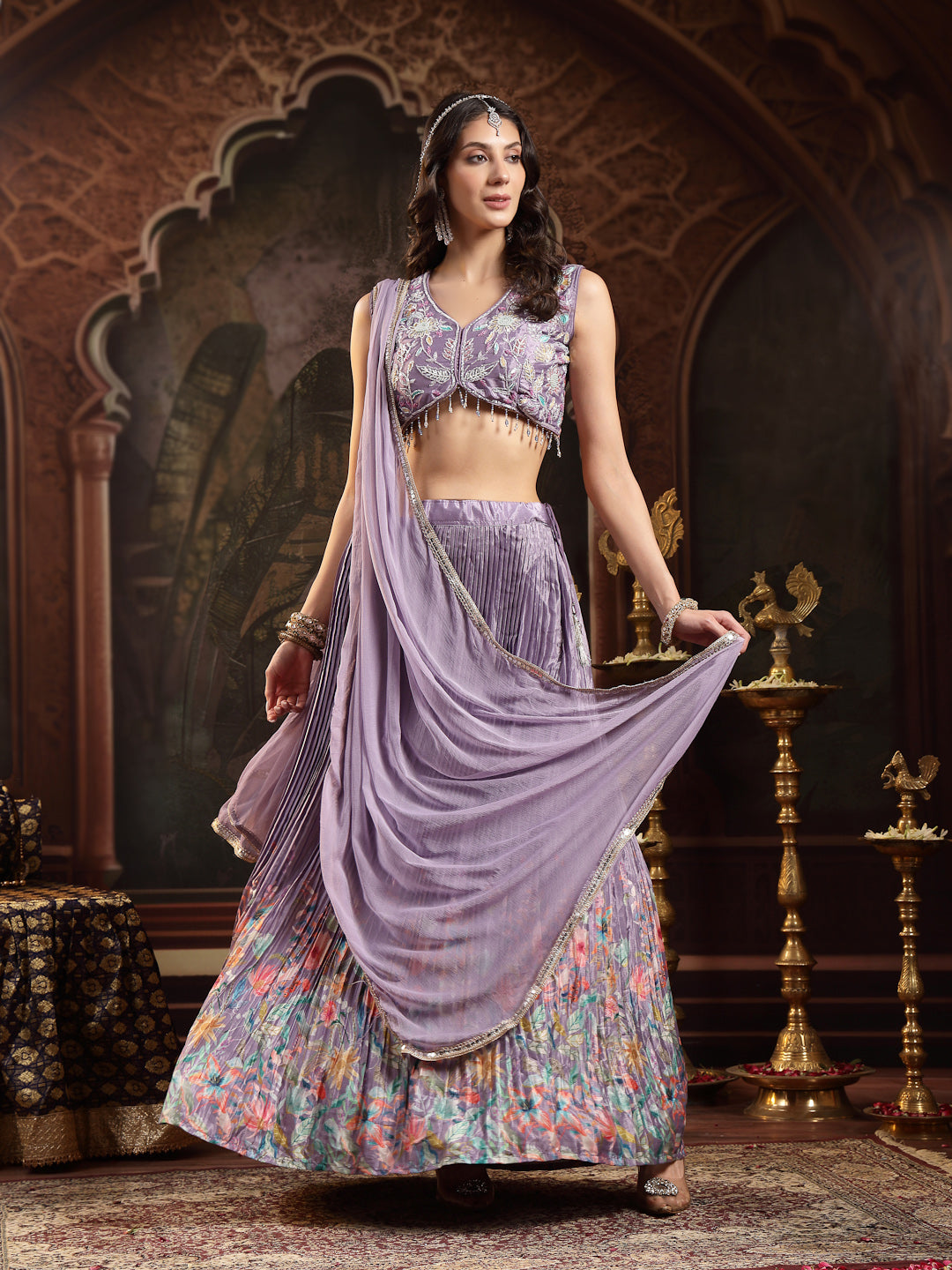 Women's Purple Floral Printed & Embroidered Silk Blend Lehenga Choli With Dupatta
