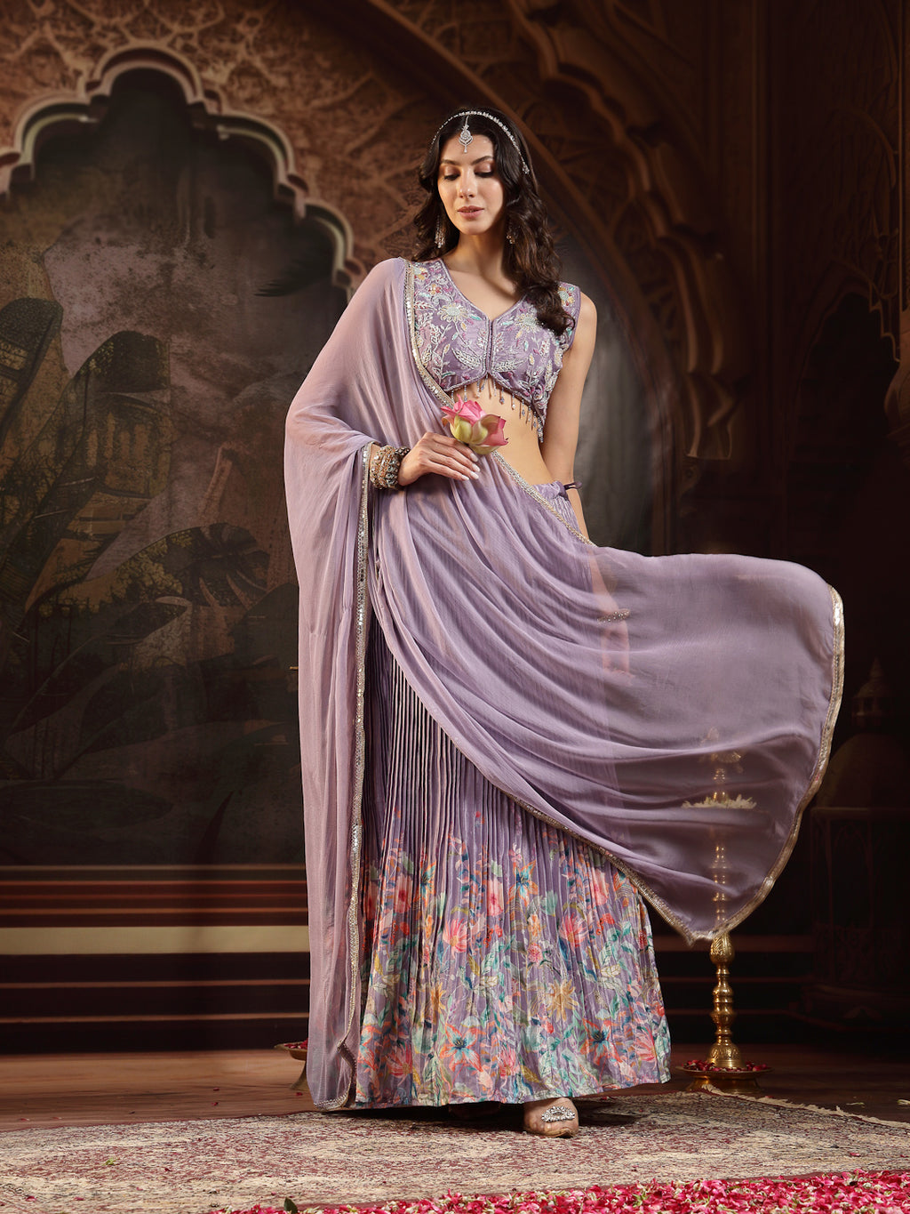 Women's Purple Floral Printed & Embroidered Silk Blend Lehenga Choli With Dupatta