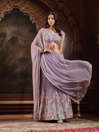 Women's Purple Floral Printed & Embroidered Silk Blend Lehenga Choli With Dupatta