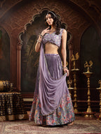 Women's Purple Floral Printed & Embroidered Silk Blend Lehenga Choli With Dupatta