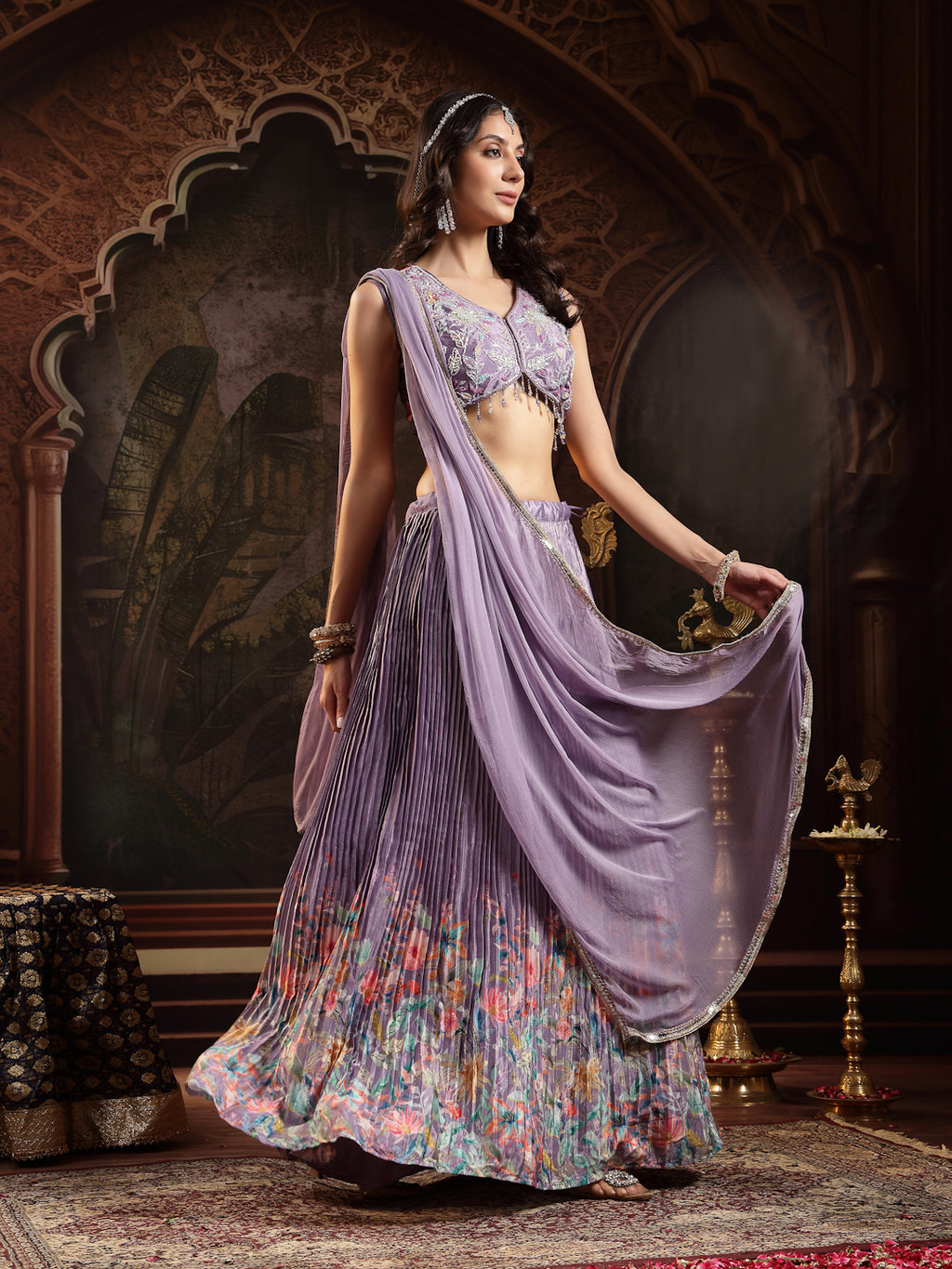 Women's Purple Floral Printed & Embroidered Silk Blend Lehenga Choli With Dupatta