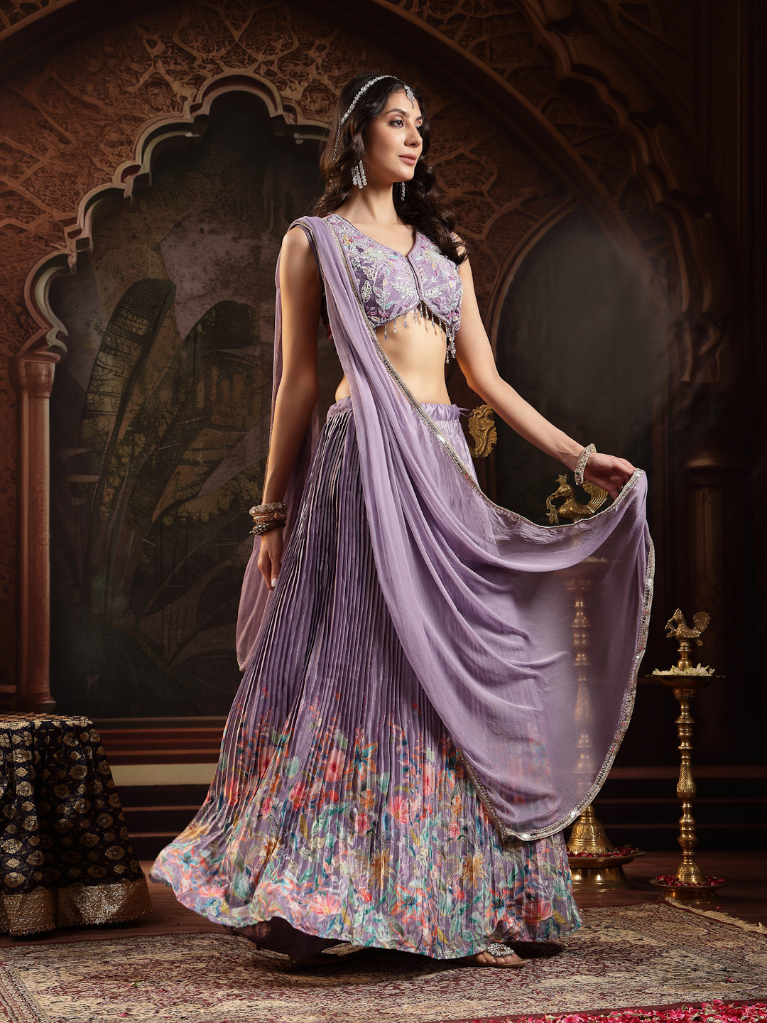 Women's Purple Floral Printed & Embroidered Silk Blend Lehenga Choli With Dupatta
