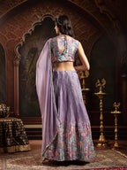 Women's Purple Floral Printed & Embroidered Silk Blend Lehenga Choli With Dupatta