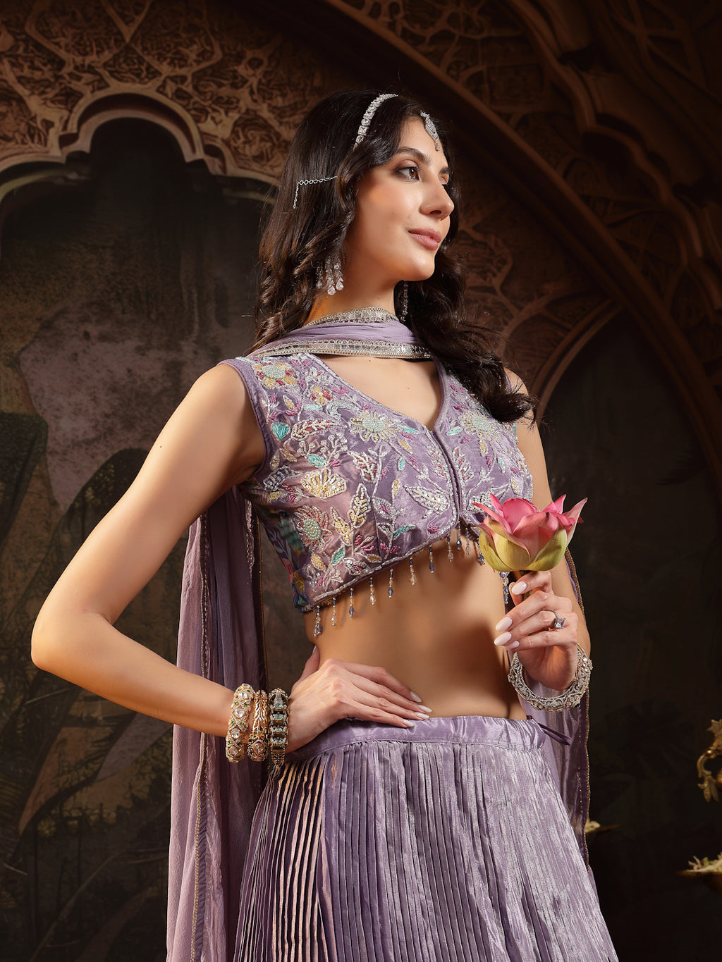 Women's Purple Floral Printed & Embroidered Silk Blend Lehenga Choli With Dupatta