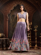Women's Purple Floral Printed & Embroidered Silk Blend Lehenga Choli With Dupatta