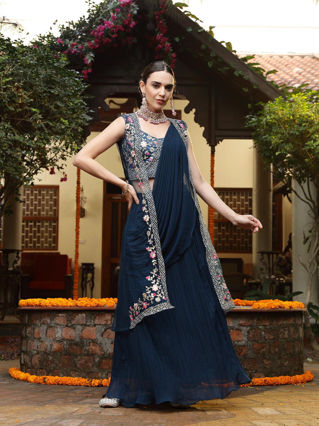 Women's Teal Printed & Embroidered Georgette Draped Lehenga Saree & Blouse with Shrug