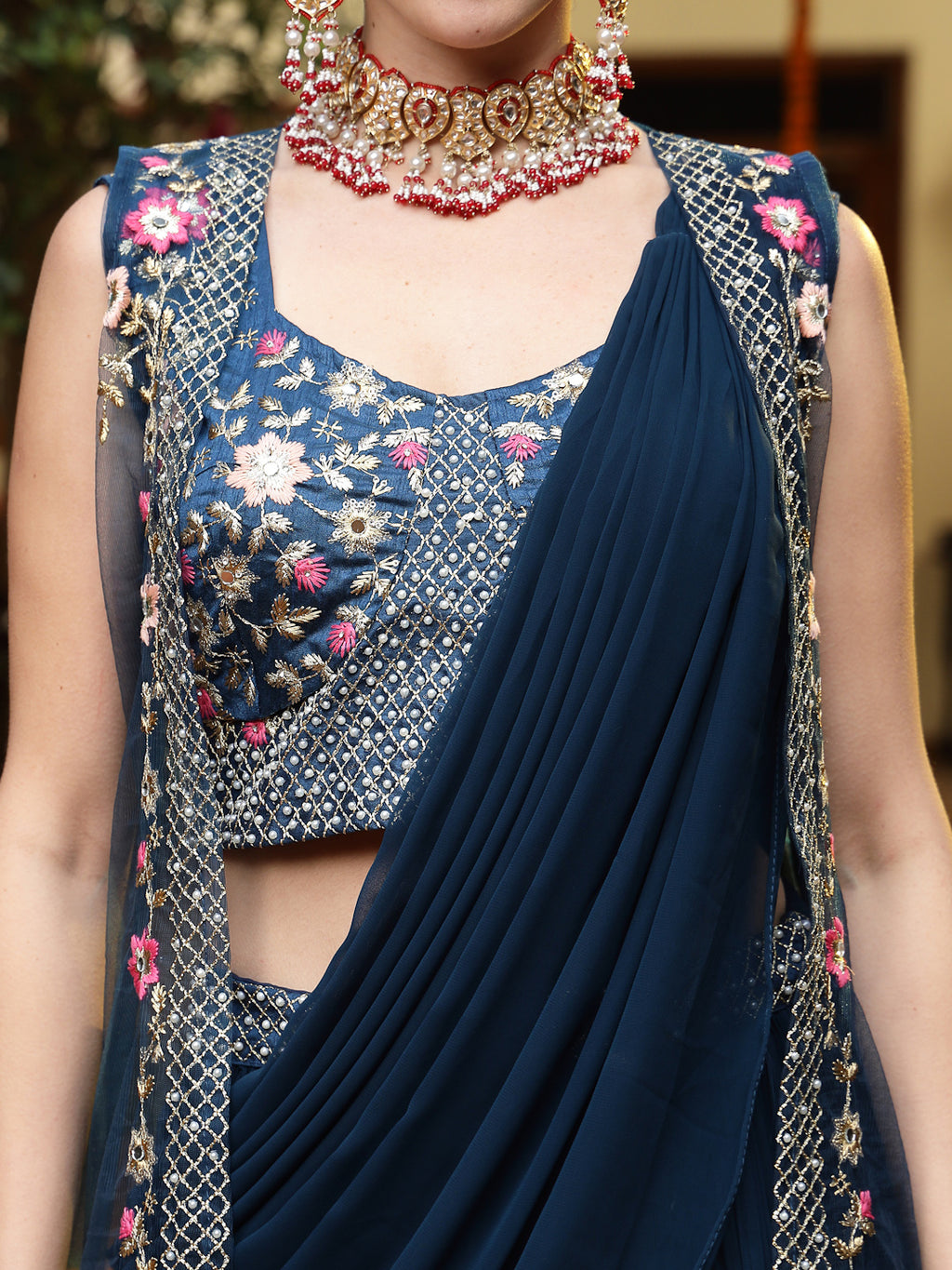 Women's Teal Printed & Embroidered Georgette Draped Lehenga Saree & Blouse with Shrug