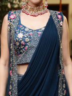 Women's Teal Printed & Embroidered Georgette Draped Lehenga Saree & Blouse with Shrug