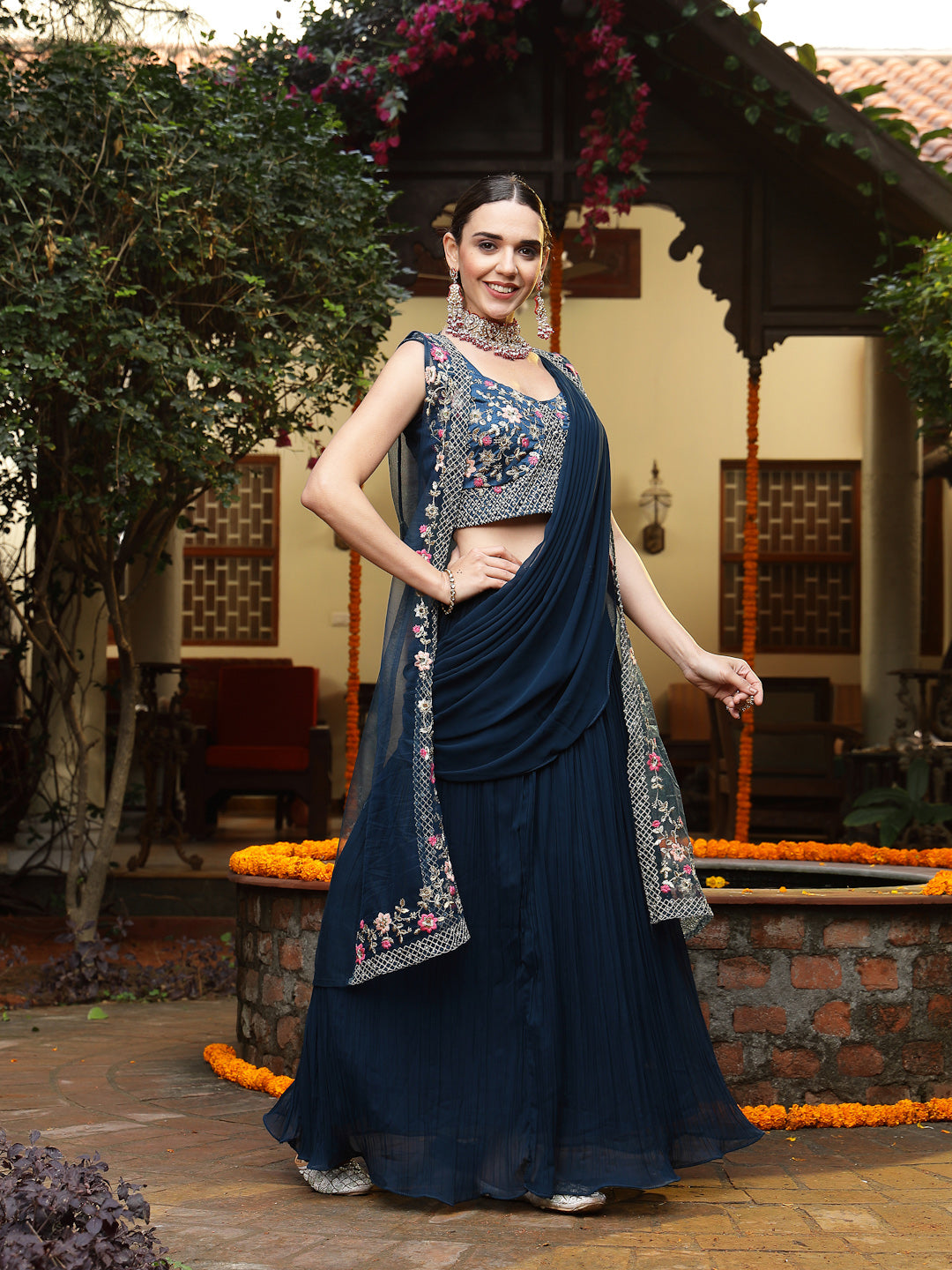Women's Teal Printed & Embroidered Georgette Draped Lehenga Saree & Blouse with Shrug