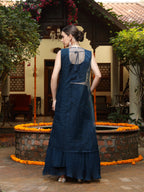 Women's Teal Printed & Embroidered Georgette Draped Lehenga Saree & Blouse with Shrug