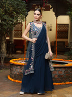 Women's Teal Printed & Embroidered Georgette Draped Lehenga Saree & Blouse with Shrug