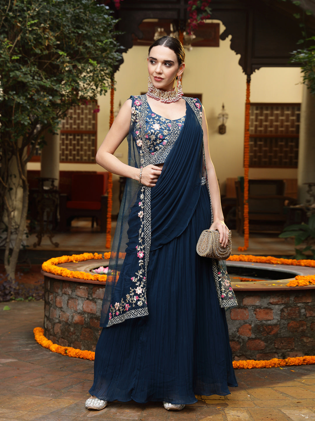 Women's Teal Printed & Embroidered Georgette Draped Lehenga Saree & Blouse with Shrug