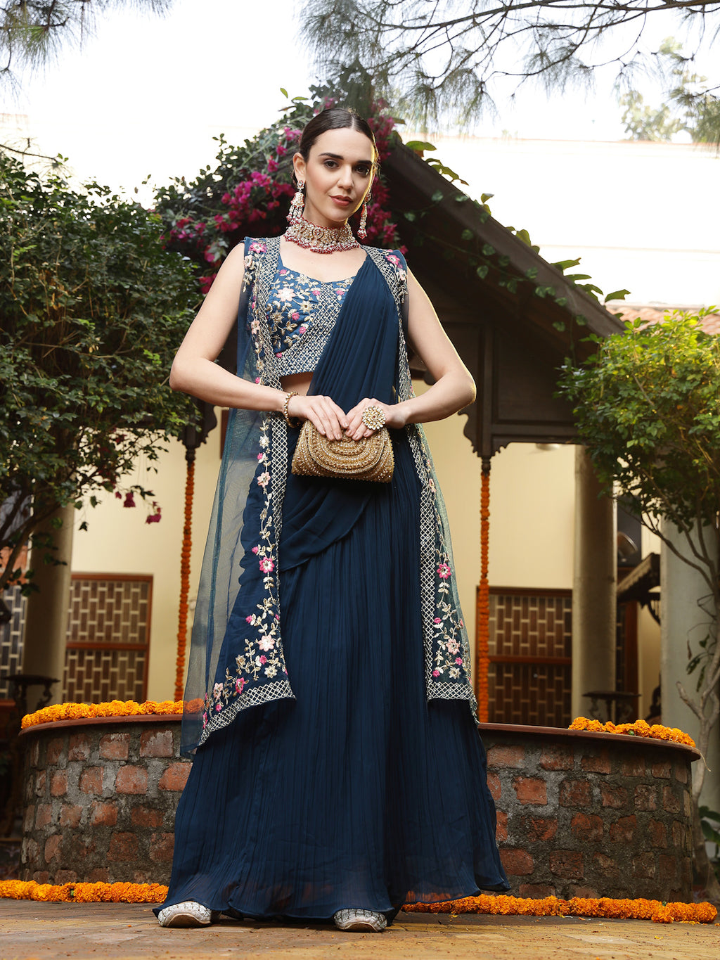 Women's Teal Printed & Embroidered Georgette Draped Lehenga Saree & Blouse with Shrug