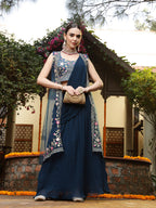 Women's Teal Printed & Embroidered Georgette Draped Lehenga Saree & Blouse with Shrug
