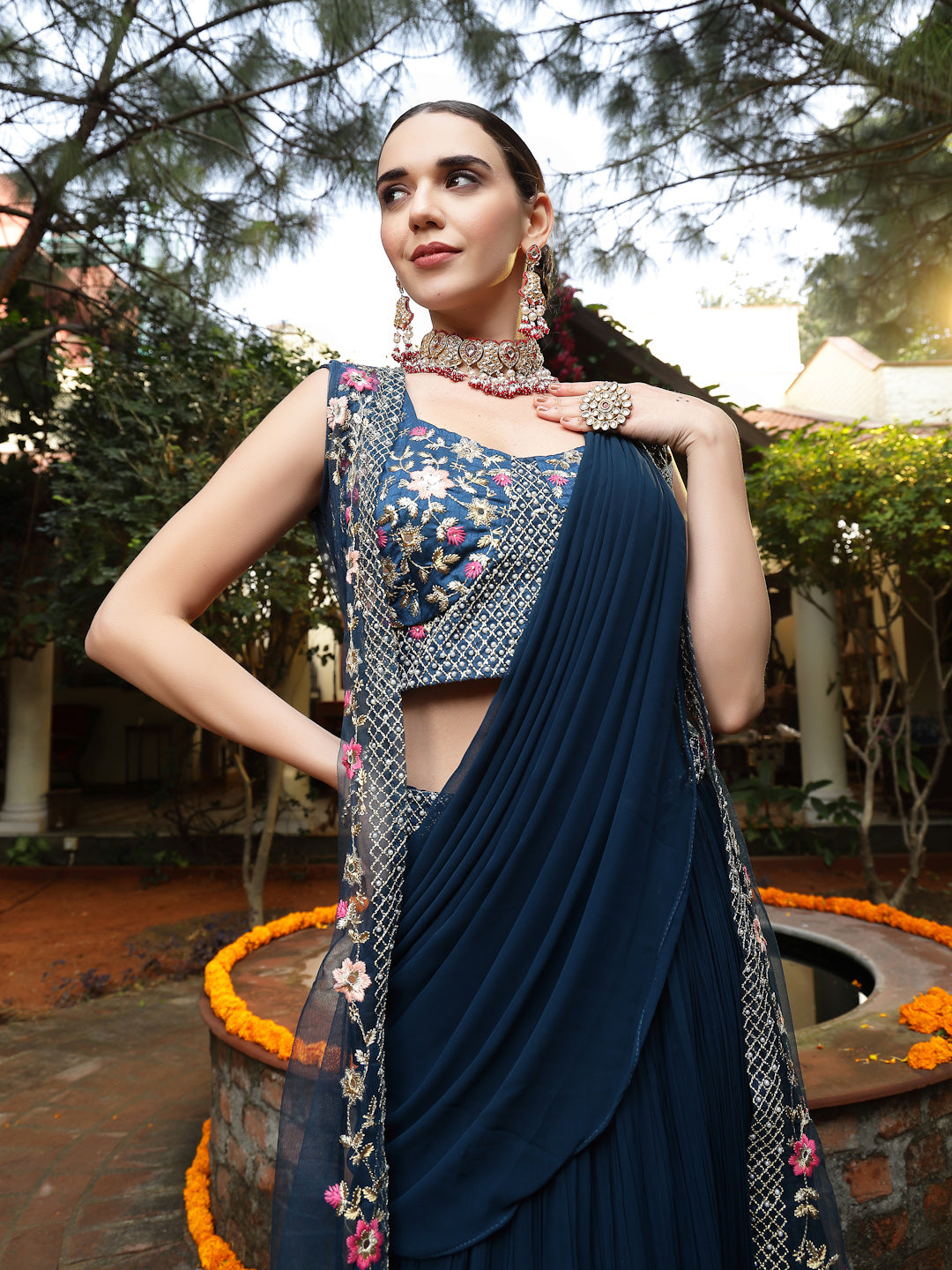 Women's Teal Printed & Embroidered Georgette Draped Lehenga Saree & Blouse with Shrug