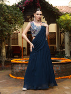 Women's Teal Printed & Embroidered Georgette Draped Lehenga Saree & Blouse with Shrug